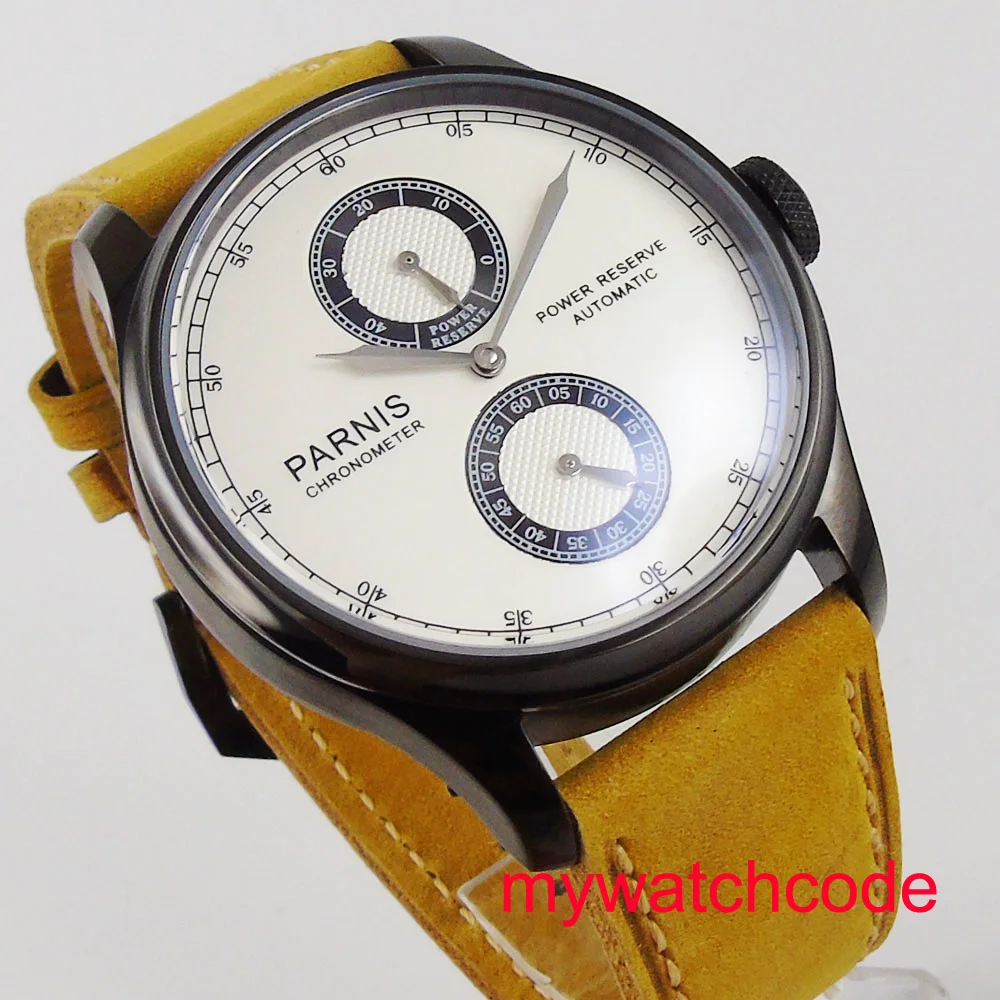 43 мм Parnis белый циферблат желтый кожаный ремешок индикатор запаса мощности ST2842