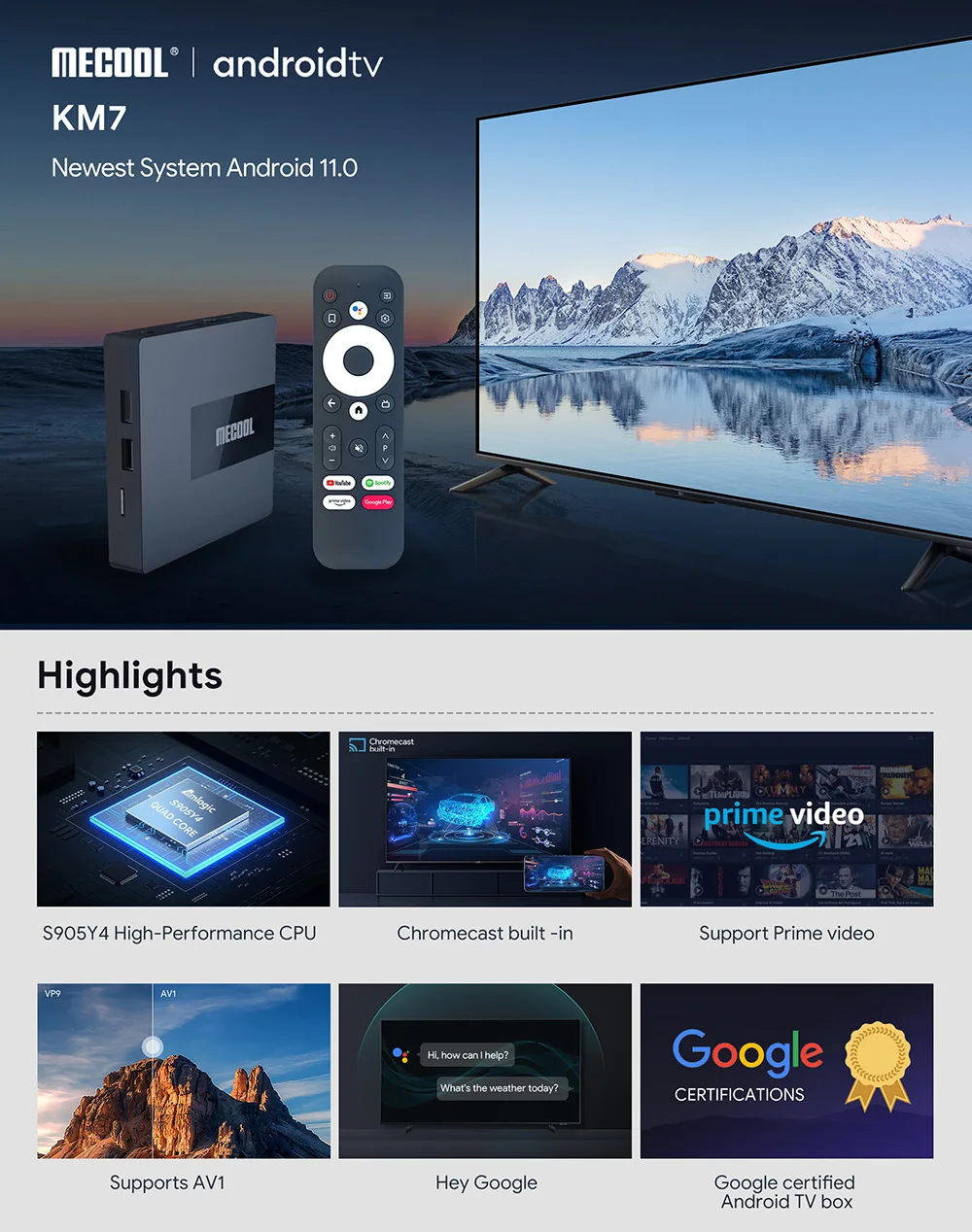 ТВ-приставка Mecool KM7 сертифицированная Google Android 11 A 4 + 64 ГБ DDR4 Amlogic S905Y4 | Электроника
