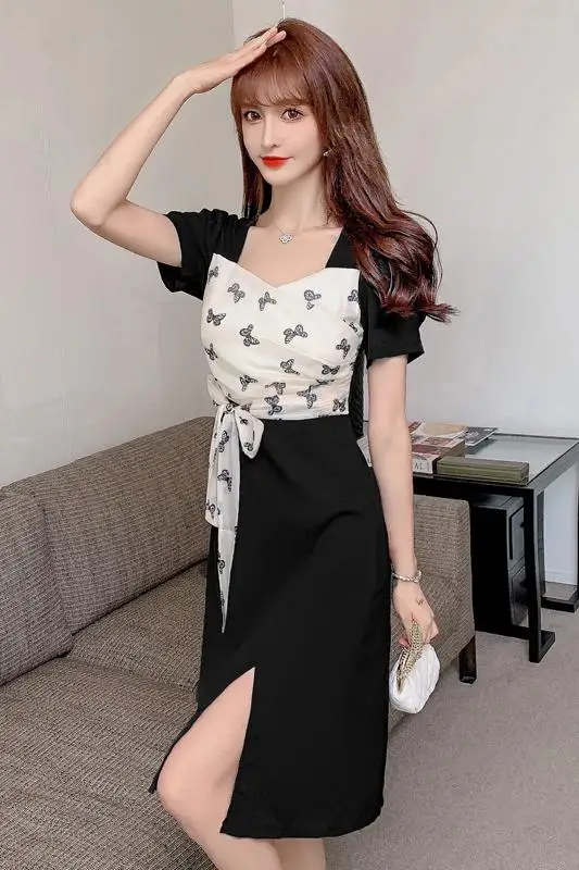 

COIGARSAM Patchwork Women one-piece dress korean New Summer Print V-Neck Dresses Black 961