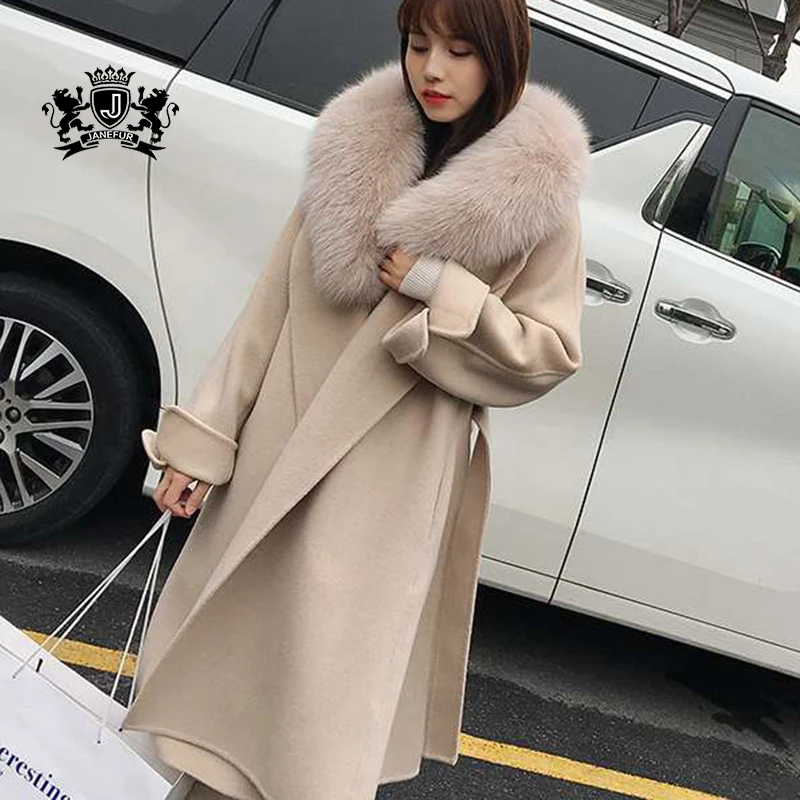 

New Fashion Winter Real Fox Fur Collar Women wool coat Cashmere Wool Coat