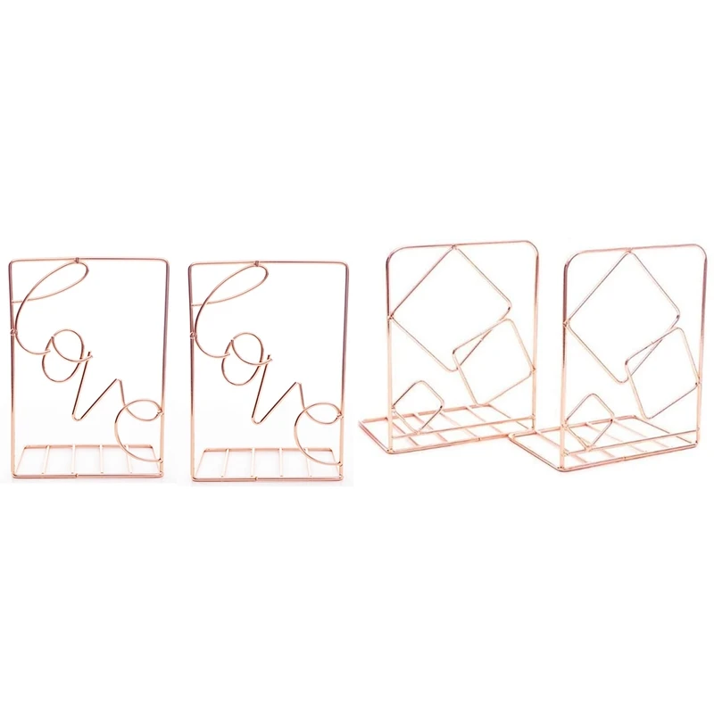 

4 Pcs Creative Metal Bookends Desk Storage Holder Shelf Book Organizer Stand, Love Shaped & Square