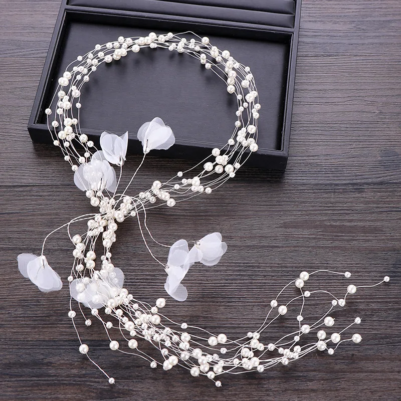 

Wedding Women Stying Hairband Fashion Ladies Multi Layer Pearl White Gold Headbands For Girls Sweet Tassel Veil Accessories 2020