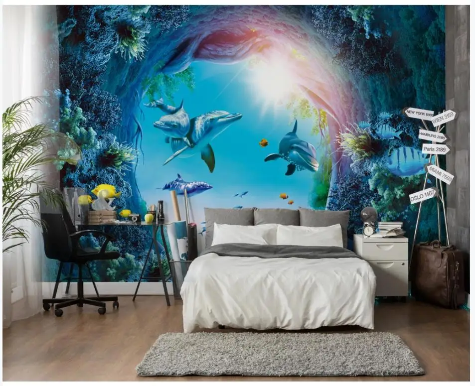 

3D murals wallpaper custom photo wallpaper 3D Underwater world dolphin background wall paper mural wall papers living room decor