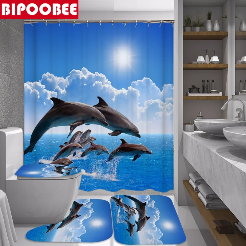 Морской дизайн дельфин 4 в 1 водонепроницаемая Тканевая 3D занавеска для душа