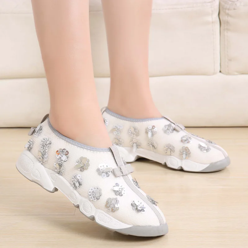 Free Shipping Celebrity Same Paragraph Summer Handmade Mesh Shoes Embroidery Women Casual Flats Sequin Heavy-bottomed For Small Size 33-41 Female |