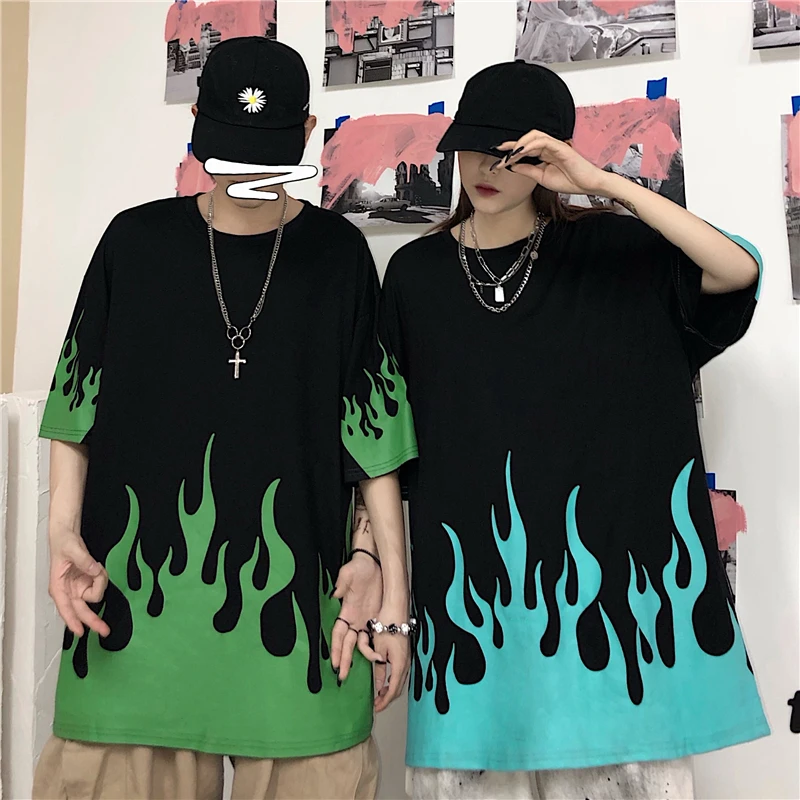 

Summer T-Shirt Flame Print Street Dark Style Loose Oversized Short-Sleeved T-Shirt Men And Women Fashion Harajuku Tops Casual