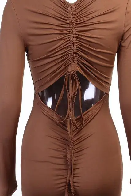 

2021 Women Bodysuit Sexy Skinny Jumpsuit Rompers Brown Long Sleeve Deep V-neck Solid Tight Playsuit Backless Leotard Rompers