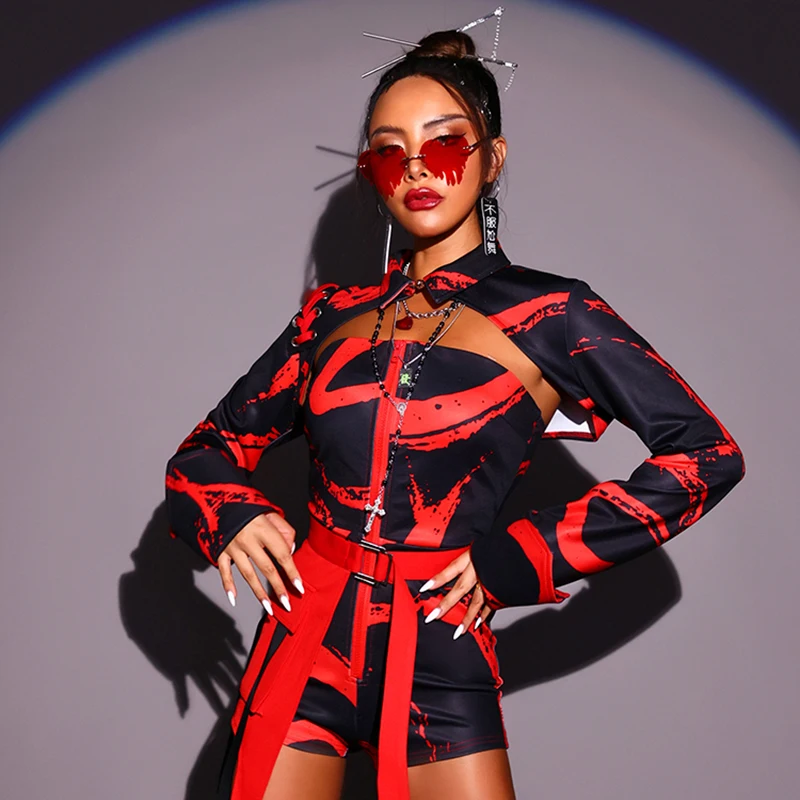 

Red Rave Outfit Women Gogo Dancer Costume Hip Hop Street Clothes DJ DS Clubwear Performance Costume Festival Clothing DL8895
