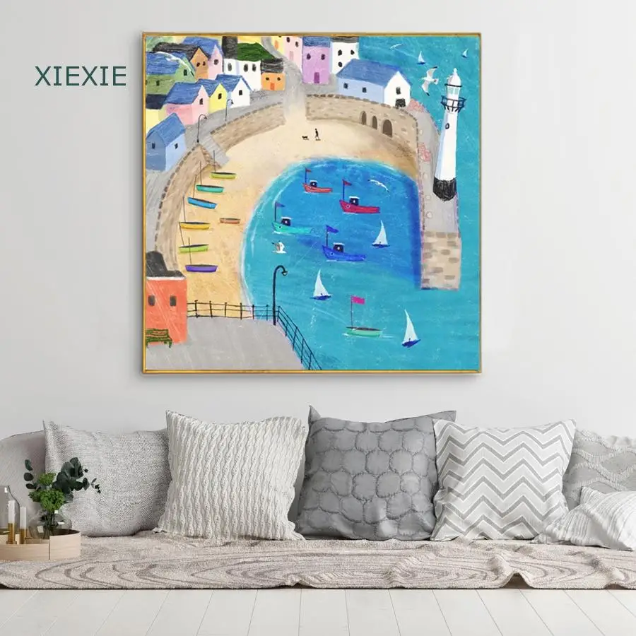 

Hand Drawn Cartoon Seaside Beach Boat Lighthouse Watercolor Landscape Canvas Painting Blue Wall Art for Kids Baby Room