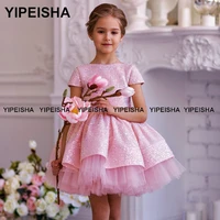 yipeisha 2021 pink flowers girls dresses bow ball gown kids wedding guest gown sequin birthday party dresses vestidos de comuni%c3%b3