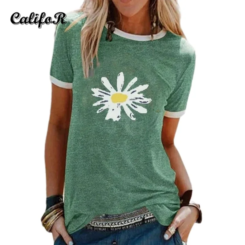 

CALIFOR Daisy Print Short Sleeve Summer Tops for Women 2021 Plus Size Clothes O-neck Floral Printing Casual Tees T-shirts