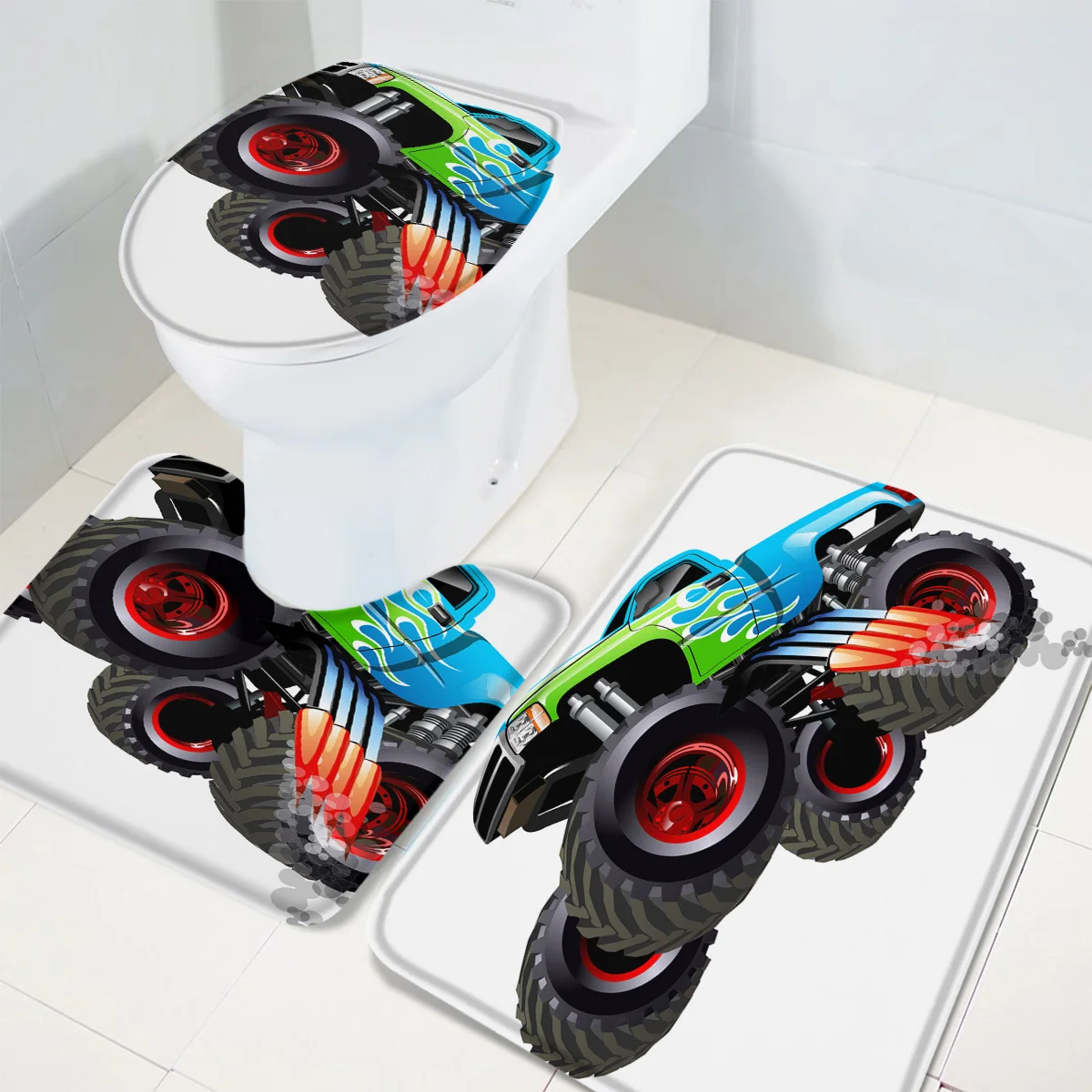 3 Pieces Bathroom Set Truck Cartoon Bath Toilet Cover Mat Pedestal Rug Non-Slip |