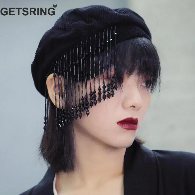 GETSRING Women Hat Tassel Patchwork Vintage Corduroy Womens Hats Black Fashion Berets 2019 New Suede | Аксессуары для одежды