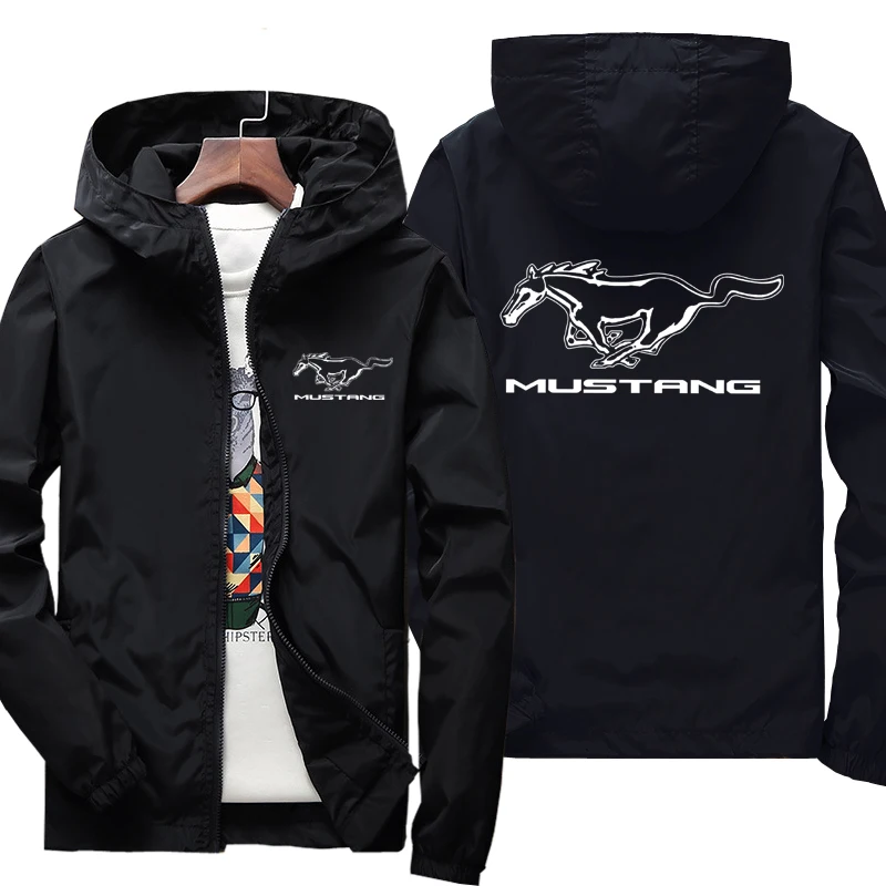 

New Spring Autumn Fashion Men for Mustang Logo Windproof Jacket Hooded Windbreaker Sweatshirts zipper Long Sleeve Coat S-7XL