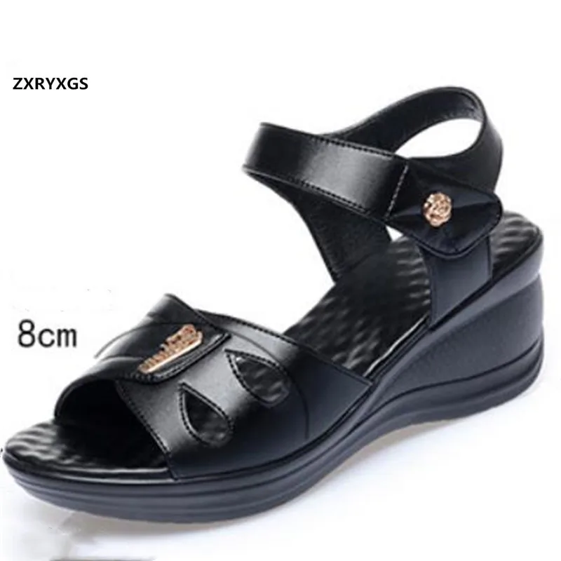 Женские Классические сандалии на танкетке летние босоножки из натуральной кожи