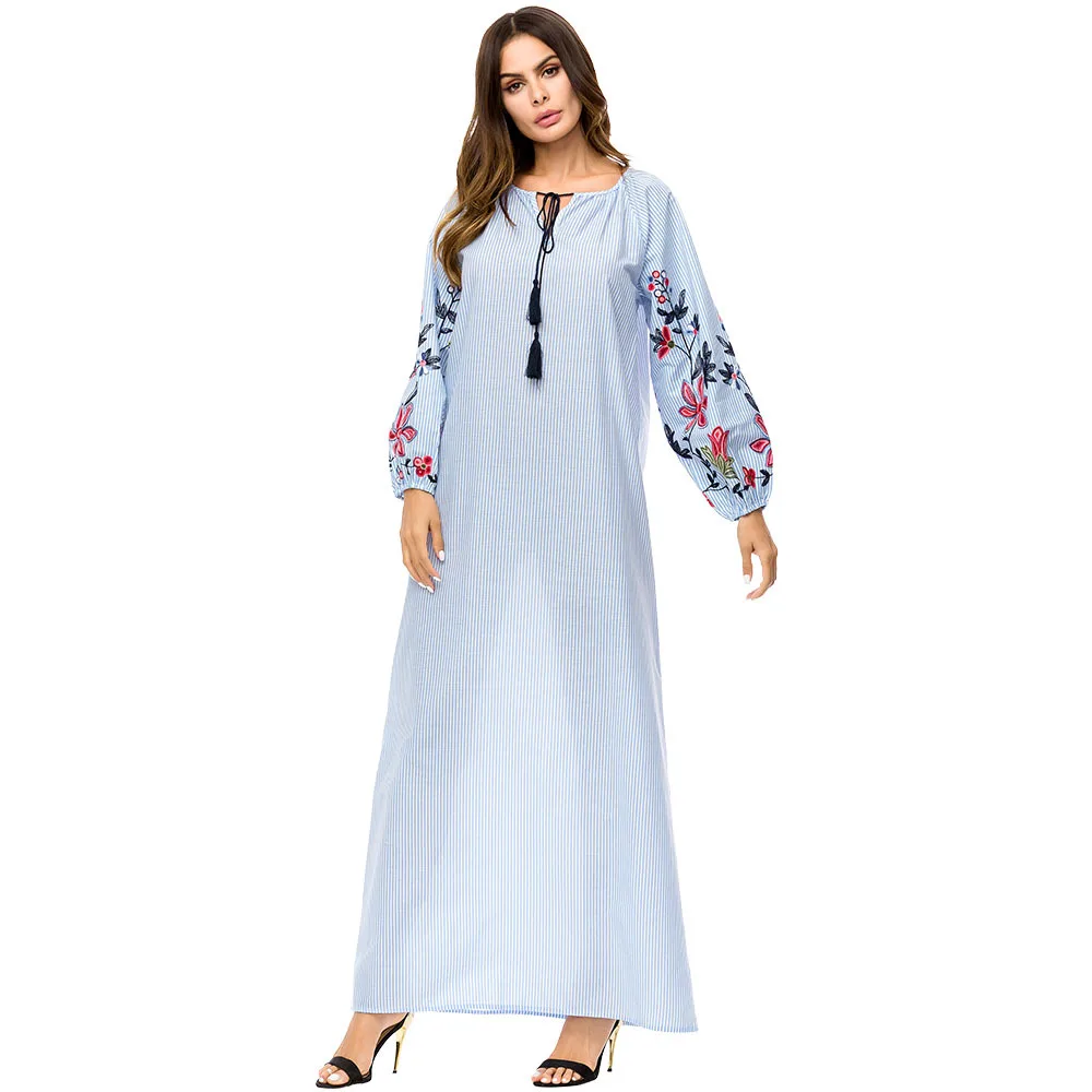 Мусульманское платье в полоску Женская Осенняя новая Корейская версия длинная
