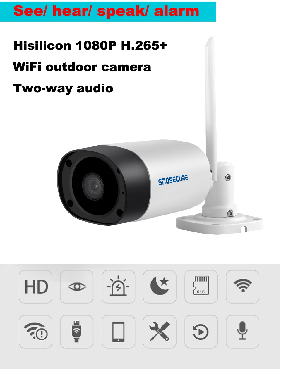 SNOSECURE 2.0MP Wifi IP камера Домашняя безопасность ONVIF H.265 Водонепроницаемая ИК ночная