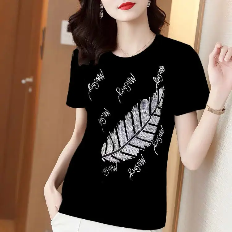 

Cotton short sleeve t-shirt female 2021 summer diamond inlaid middle-aged fat mm round neck half sleeve top loose cover belly T-