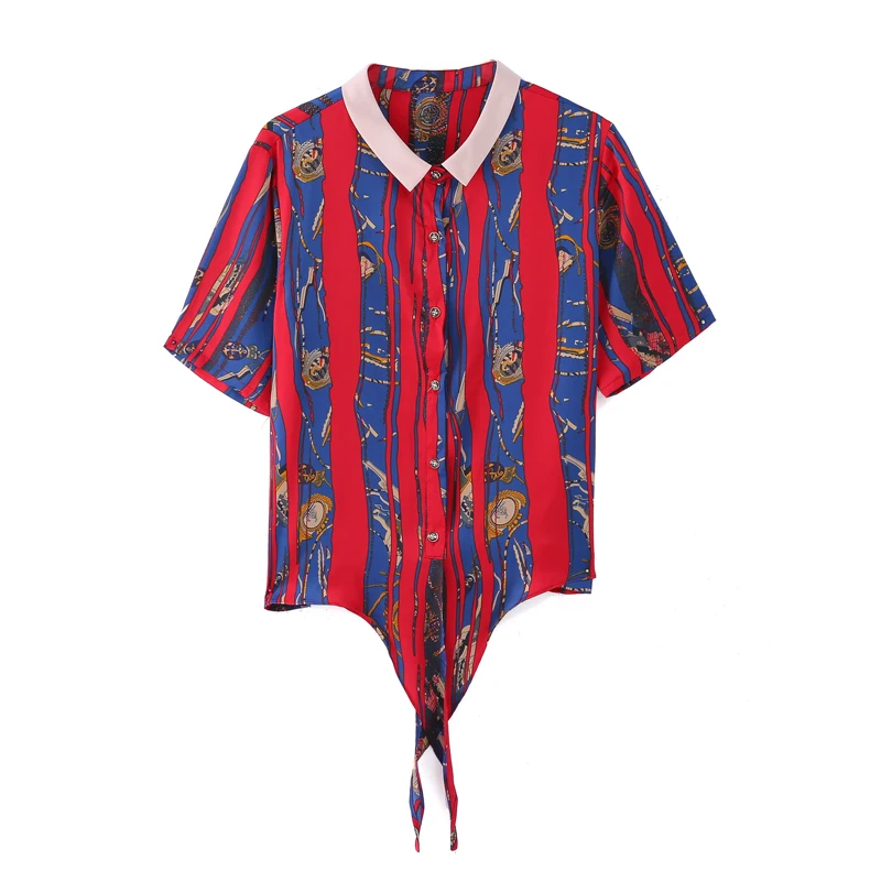 

COIGARSAM Shirt Womens Tops Summer 2021 Short Sleeve Print Silk Bow Women Shirts