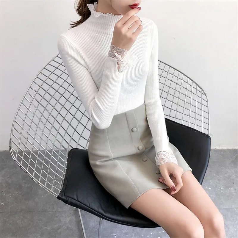 Женский свитер осень-зима кружевной полувысокий воротник с длинными рукавами