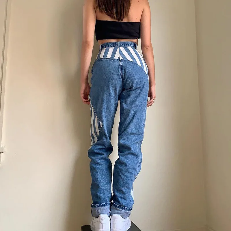 

2020 New Arrivals Woman Autumn Winter High Waist Ladies Jeans Striped Blue High Street Denim Stright Pants