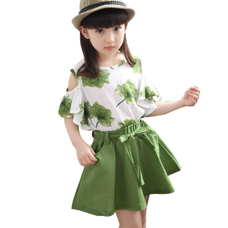 

2 Pcs/Set Girls Two Piece Summer Outfits Kids Baby Short Sleeve Round Neck Tops T-shirts + Skirt