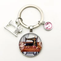 vintage nine color artificial crystal sewing machine silhouette keychain cute model glass dome pendant creative key ring gift