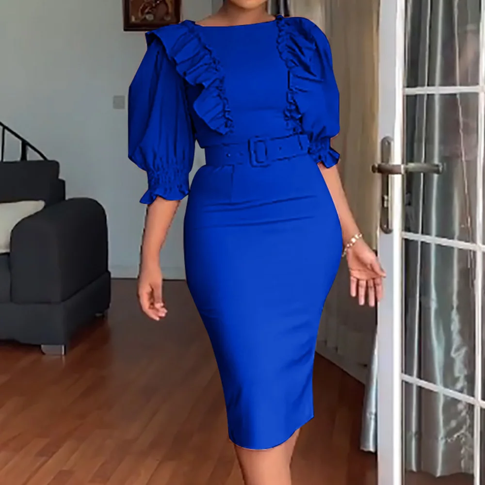 

Ruffles Blue Bodycon Office Dress Women Summer 2021 Solid Short Sleeve Midi Robe Femme African Retro Maxi Vestidos