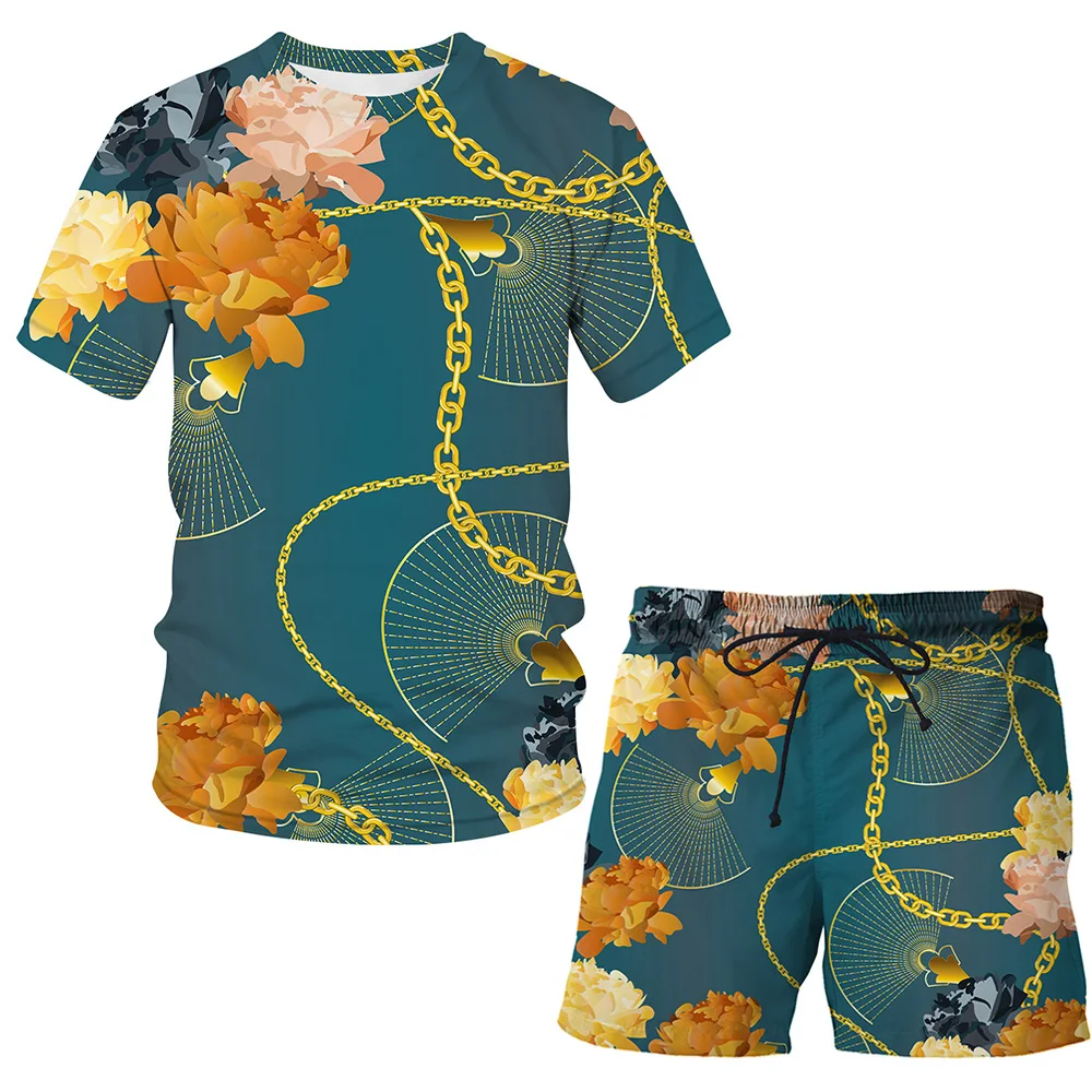 

2021 fashion hot sale 3DT shirt flowers blooming wealth printing youth sports suit clothes men and women sports and leisure shor