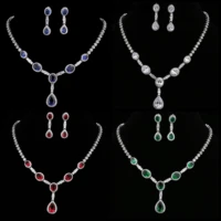 amc luxury long water drop pendant necklace and stud earring set aaa cubic zircon bridal wedding jewelry set for women gift