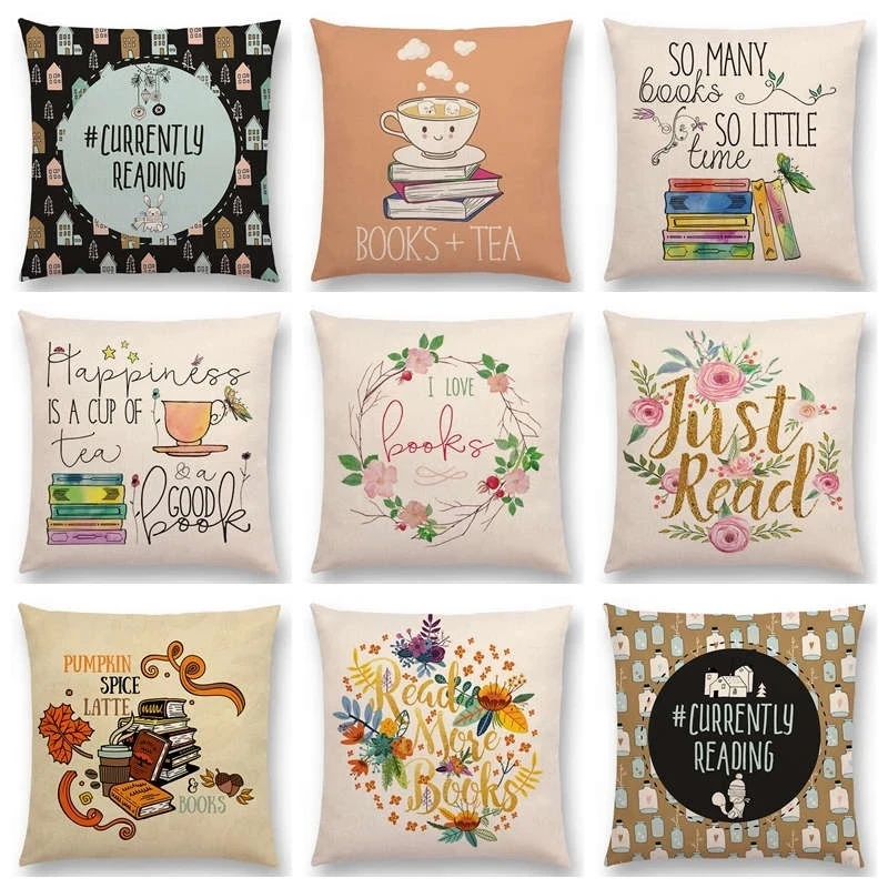 

Double print Enjoy Life Reading Books Sofa Pillow Case Good Time Gorgeous Words Decorative Letters Cushion Cover Tea 45x45cm