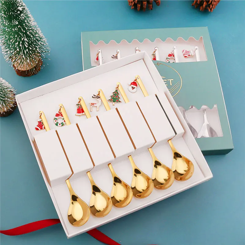 

6Pcs New Year 2022 Christmas Tree Spoons Fork Gift Box Set Xmas Party Ornaments Christmas Decoration for Home Table Navidad Gift