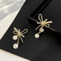 s925 needle delicate jewelry bow earrings sweet temperament simulated pearl aaa zircon drop earrings for girl lady gifts