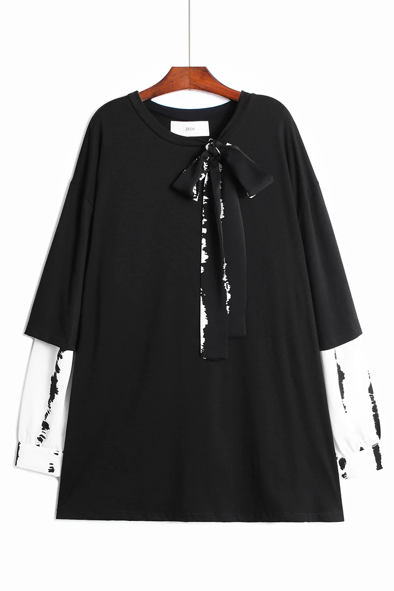 

SuperAen Fake Two-piece Chiffon Shirt Sleeve Patchwork Long Woman Tshirts Loose Fashion Slimming 2021 Spring