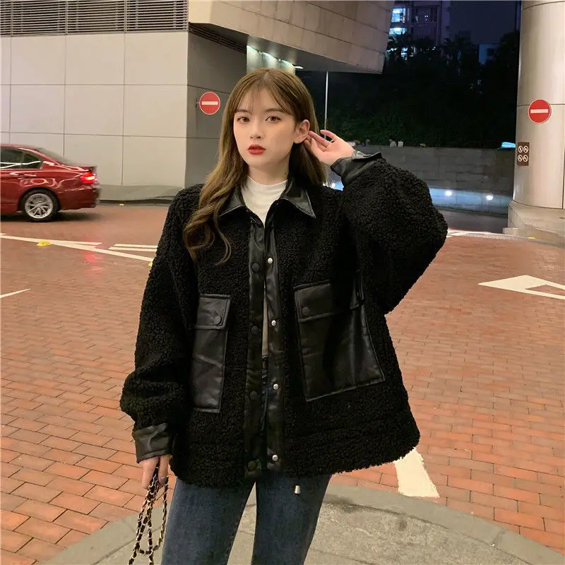 Anbenser Women's Leather Jacket Corduroy Stitching Autumn and Winter new Korean style loose short Motorcycle LeatherJacket Trend