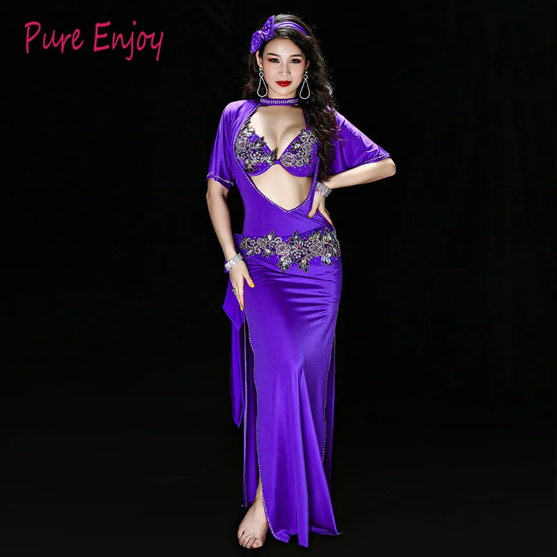 Красный Фиолетовый Костюм Танца Живота 5 Шт. Набор Женщины Bellydance Роскошный Египетский Стиль Galabeya Танцевальное Платье Спектакли