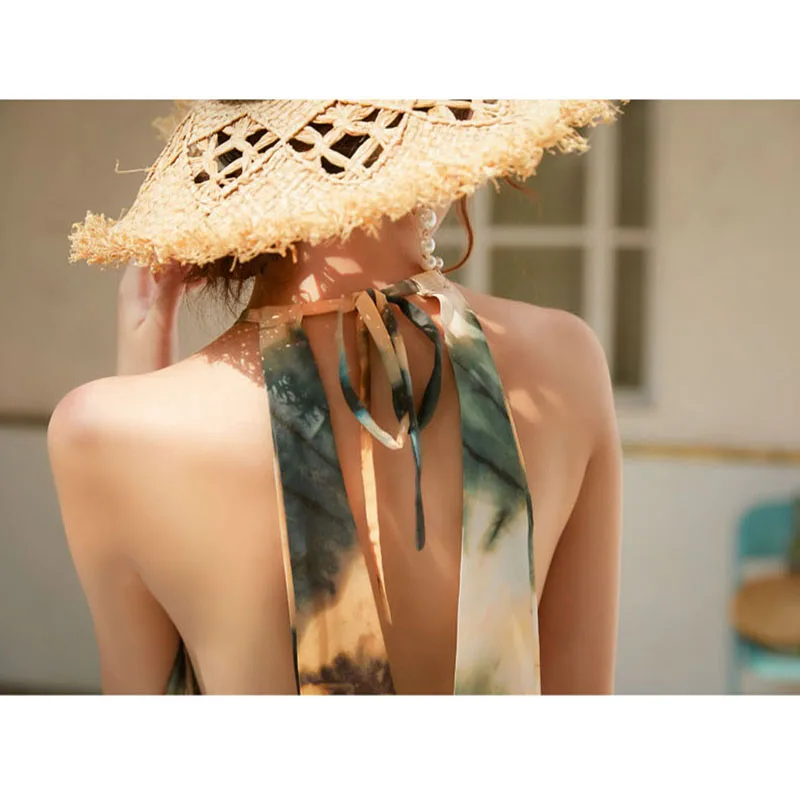Tie-dye Halter Backless Boho Dress Women Thailand Vacation Beach Sexy Ethnic Style Elegant Satin Long Maxi Vestidos S-L | Женская одежда