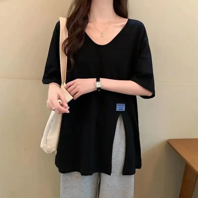 

Fattening plus size women's summer new loose medium length V-neck split Cotton Short Sleeve T-Shirt Top 200kg