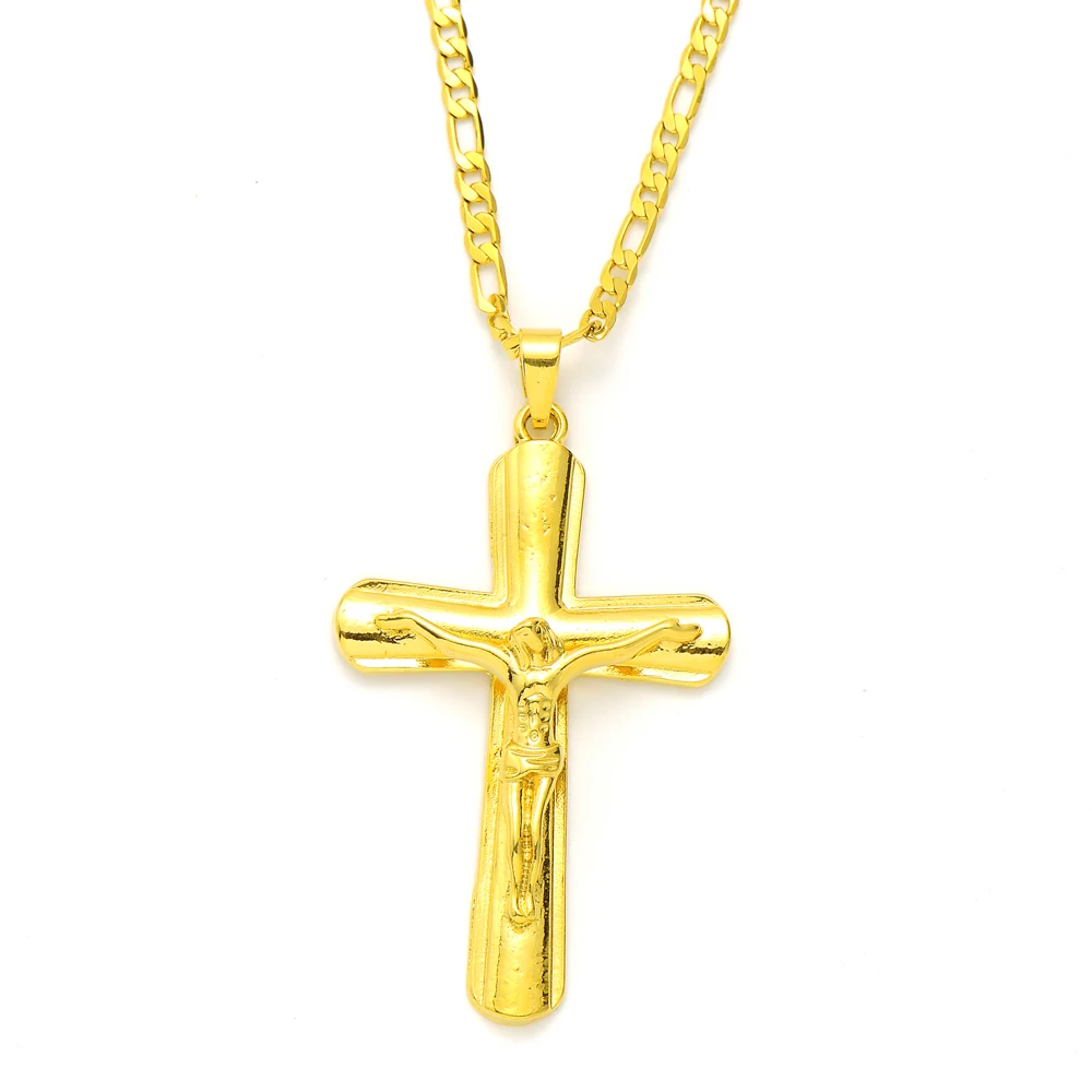 

9k Yellow Solid Gold GF Italian Jesus Crucifix wide Cross Pendant Figaro Link Chain Necklace 24" 3mm Womens Mens