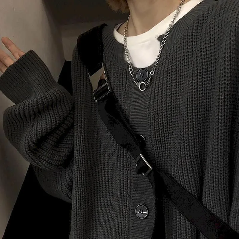 

Sweaters Cardigan men's trend Korean retro all-match pure color big button knitted high street sweater jacket unisex punk urban