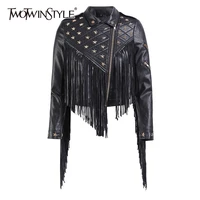 twotwinstyle patchwork tassel rivet pu leather womens coats lapel collar long sleeve asymmetrical jackets female 2020 clothing
