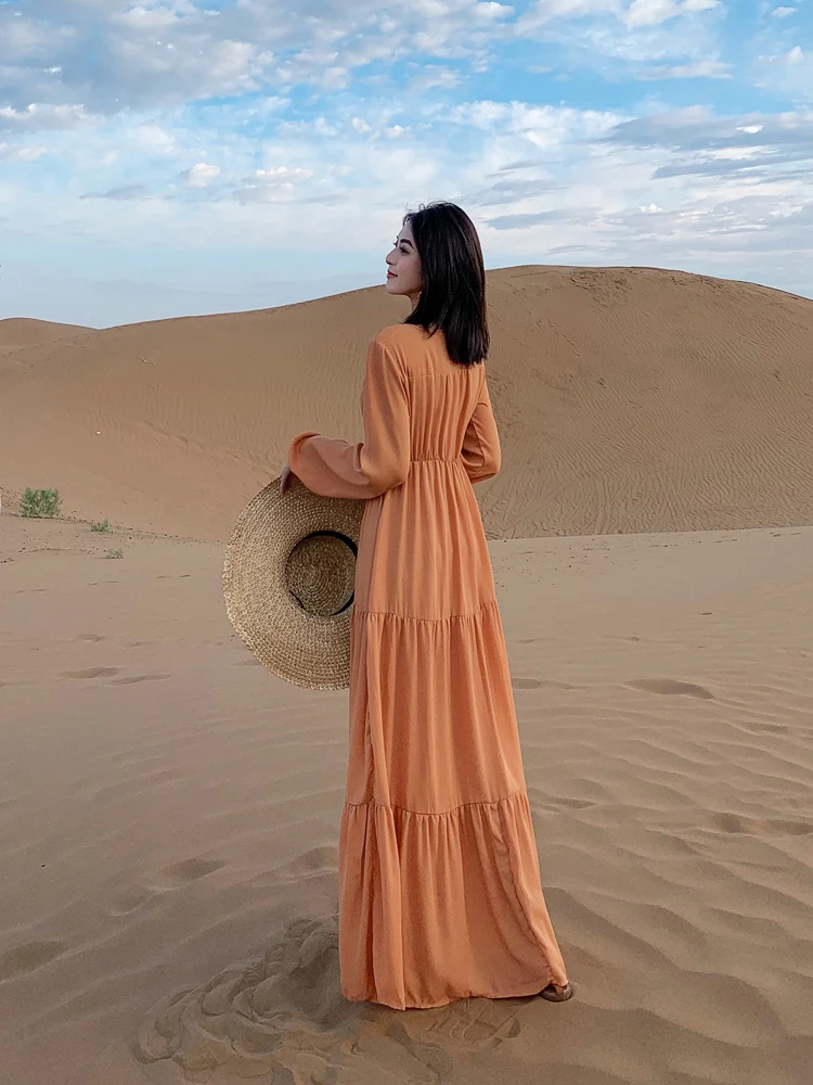 

Desert Holiday Skirt Beach Skirt Long Skirt and Ankle V-neck Long Sleeve Slim Dress Women's Summer