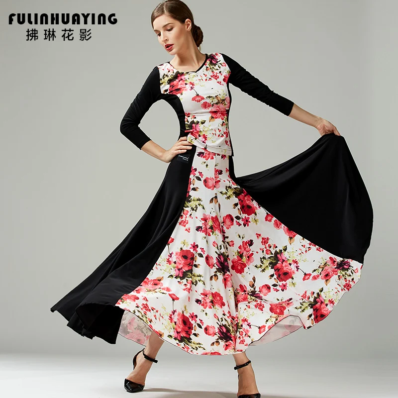 

Women Long Elegant Elasic Big Swing Stitching Ballroom Dance Dress For Dancing Waltz Dress Tango Dance Costumes Flamenco Dress