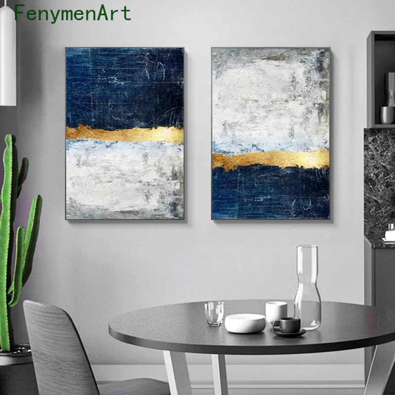 

Abstract Gold Foil Block Canvas Painting Blue White Poster Print Modern Golden Wall Art Picture for Living Room Home Decor