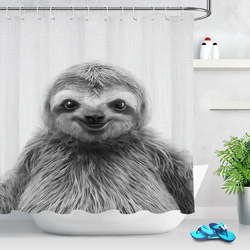 

Black and White Sloth Shower Curtain Set Funny Animal Art Print Home Bathroom Decor Polyester Fabric Bath Curtain with Hooks