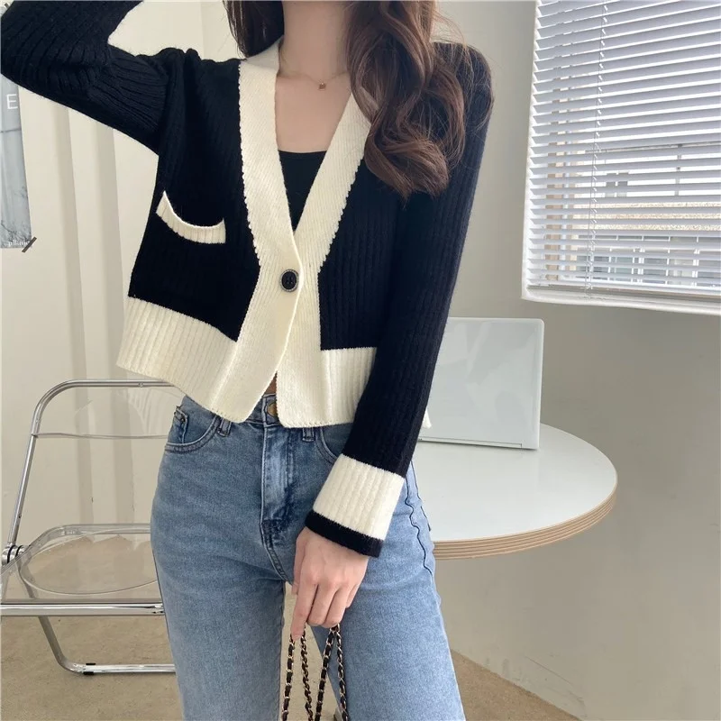 V-Collar Contrast Color Cardigan Sweater Gentle Knitwear Long Sleeve High Waist Top Autumn Women's Clothing 2021 Rac |