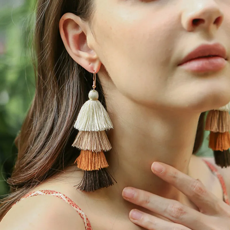 Bohemia 4 Layered white Tassel Earrings Dangle Fashion Jewelry Multi color Statement Fringe Long oorbellen For Women | Украшения и