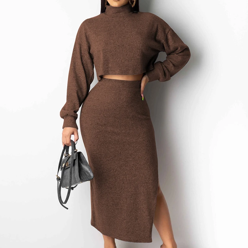 Женский комплект из 2 предметов серый повседневный костюм свитера с высоким