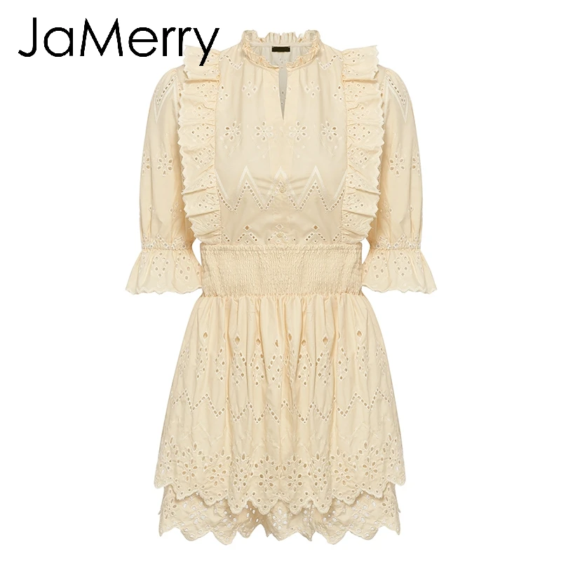 Suit JaMerry Elegant embroidery lace blouse women Summer short sleeve ruffle hollow out tops Fashion ladies solid blouses and tops - Цвет: Suit