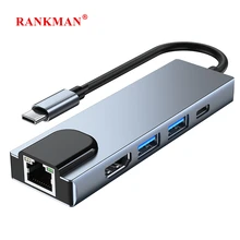 Rankman Type-c Ke RJ45 Lan Ethernet 4K HDMI Kompatibel dengan USB 3.0 C Dock Adapter untuk MacBook Samsung S20 Dex Xiaomi 10 TV Nintendo